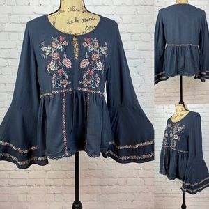 American Eagle Babydoll Embroidery Bell Sleeve Top